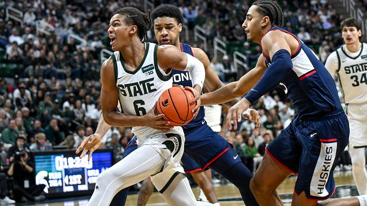 Michigan State’s Jordan Scott drives to the basket against UConn during the first half on Tuesday, Oct. 20, 2026, at the Breslin Center in East Lansing. Michigan State’s Jordan Scott drives to the basket against UConn during the first half on Tuesday, Oct. 20, 2026, at the Breslin Center in East Lansing.