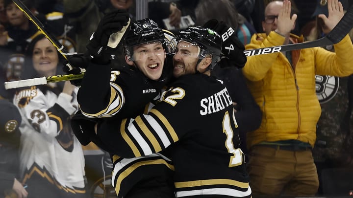 Feb 29, 2024; Boston, Massachusetts, USA; Boston Bruins defenseman Mason Lohrei (6) celebrates his Feb 29, 2024; Boston, Massachusetts, USA; Boston Bruins defenseman Mason Lohrei (6) celebrates his