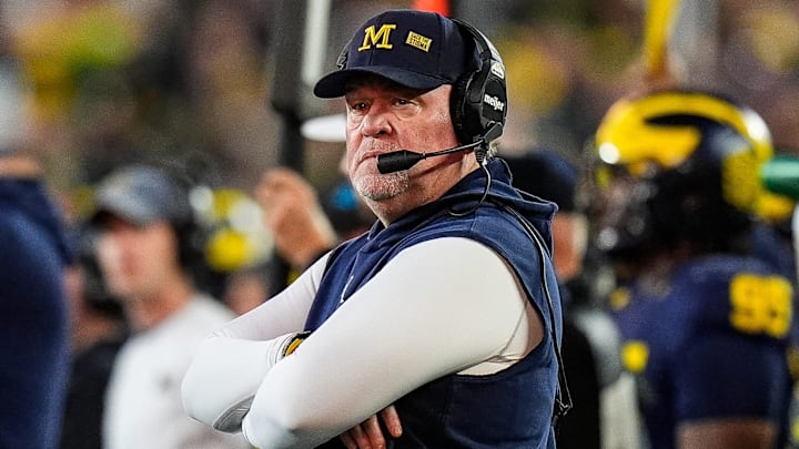 Michigan defensive coordinator Wink Martindale reacts to a play against Oregon during the second half at Michigan Stadium in Ann Arbor on Saturday, Nov. 2, 2024. Michigan defensive coordinator Wink Martindale reacts to a play against Oregon during the second half at Michigan Stadium in Ann Arbor on Saturday, Nov. 2, 2024.