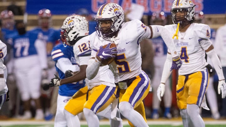 Hattiesburg's Tristen Keys (5) returns for the Tigers during play against Grenada in the MHSAA 6A championship game in Hattiesburg, Miss., Saturday, Dec. 7, 2024.