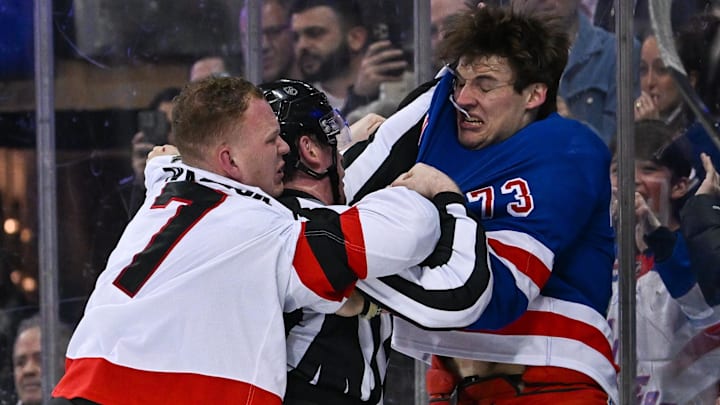 Brady Tkachuk and the Senators battle the Rangers in New York.