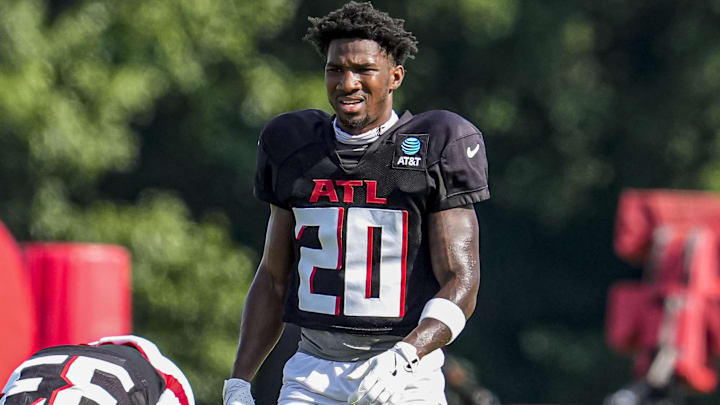 Atlanta Falcons cornerback Dee Alford (20) shown on the field during practice at training camp at IBM Performance Field.