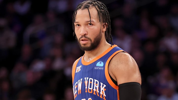Feb 3, 2024; New York, New York, USA; New York Knicks guard Jalen Brunson (11) reacts during the
