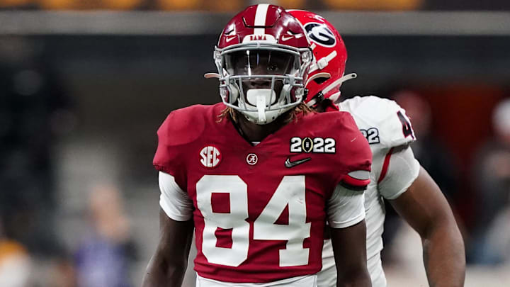 Jan 10, 2022; Indianapolis, IN, USA; Alabama wide receiver Agiye Hall (84) reacts against Georgia during the 2022 CFP college football national championship game at Lucas Oil Stadium. Jan 10, 2022; Indianapolis, IN, USA; Alabama wide receiver Agiye Hall (84) reacts against Georgia during the 2022 CFP college football national championship game at Lucas Oil Stadium.
