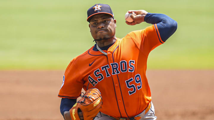 Houston Astros starting pitcher Framber Valdez (59) pitches