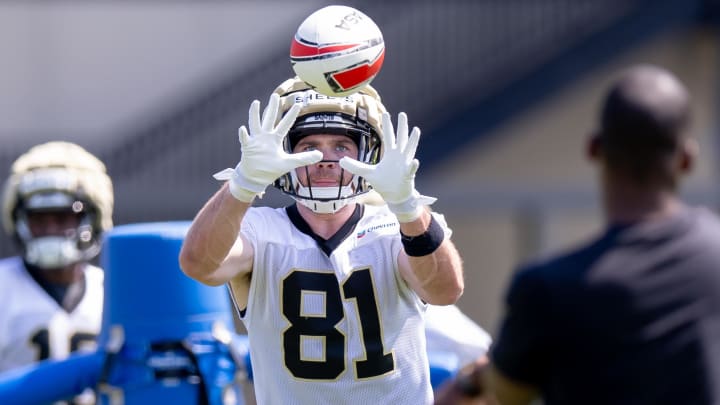 May 11, 2024; New Orleans, LA, USA;  New Orleans Saints wide receiver Kyle Sheets (81) runs wide receiver drills during the rookie minicamp at the Ochsner Sports Performance Center. Mandatory Credit: Stephen Lew-USA TODAY Sports