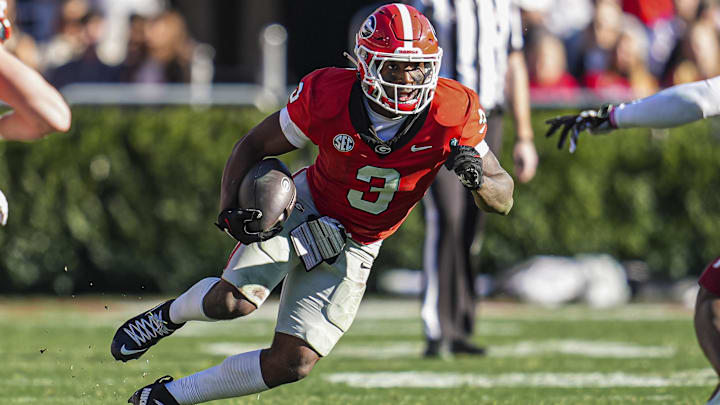 Nov 23, 2024; Athens, Georgia, USA; Georgia Bulldogs running back Nate Frazier (3) runs against the Massachusetts Minutemen during the second half at Sanford Stadium. Mandatory Credit: Dale Zanine-Imagn Images