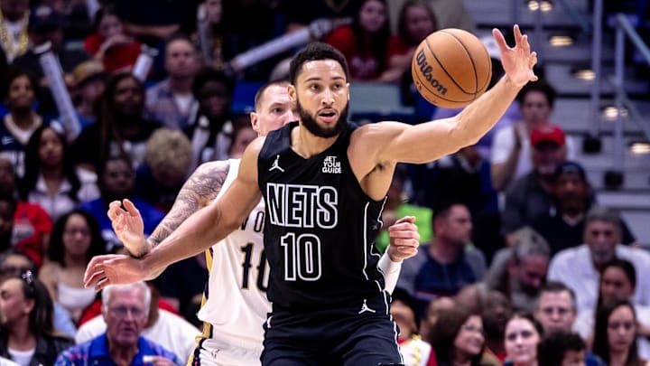 Nov 11, 2024; New Orleans, Louisiana, USA; Brooklyn Nets guard Ben Simmons (10) is guarded by New Orleans Pelicans center Daniel Theis (10) on a pass during the second half at Smoothie King Center. Mandatory Credit: Stephen Lew-Imagn Images Nov 11, 2024; New Orleans, Louisiana, USA; Brooklyn Nets guard Ben Simmons (10) is guarded by New Orleans Pelicans center Daniel Theis (10) on a pass during the second half at Smoothie King Center. Mandatory Credit: Stephen Lew-Imagn Images