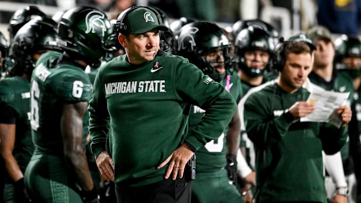 Michigan State's head coach Jonathan Smith looks on from the sideline against Michigan during the second quarter on Saturday, Oct. 25, 2025, at Spartan Stadium in East Lansing. Michigan State's head coach Jonathan Smith looks on from the sideline against Michigan during the second quarter on Saturday, Oct. 25, 2025, at Spartan Stadium in East Lansing.