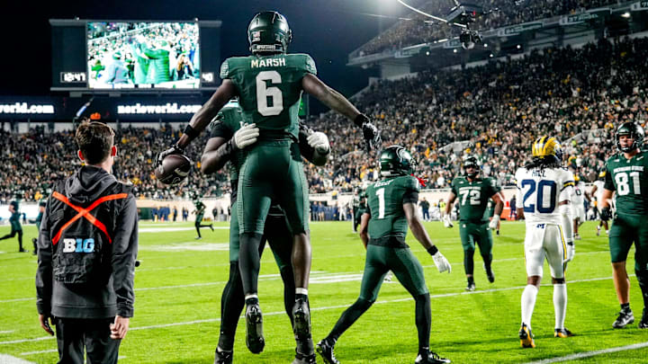 Michigan State's Nick Marsh celebrates a catch against Michigan during the fourth quarter on Saturday, Oct. 25, 2025, at Spartan Stadium in East Lansing.