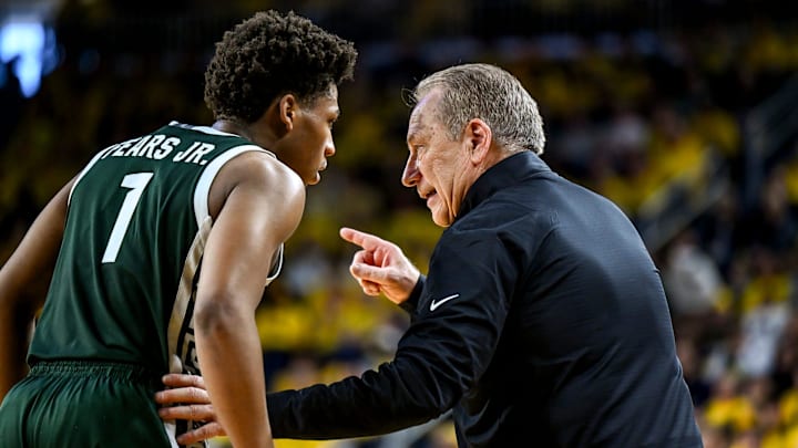 Michigan State's head coach Tom Izzo, right, talks with Jeremy Fears Jr. during the second half against Michigan on Sunday, March 8, 2026, at the Crisler Center in Ann Arbor. Michigan State's head coach Tom Izzo, right, talks with Jeremy Fears Jr. during the second half against Michigan on Sunday, March 8, 2026, at the Crisler Center in Ann Arbor.