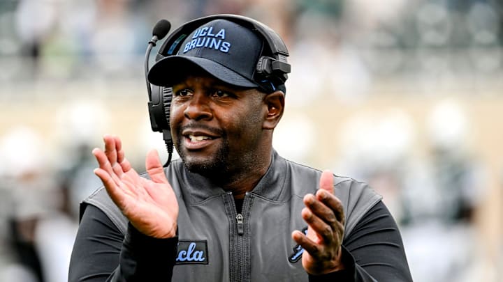UCLA's interim head coach Tim Skipper celebrates after a Bruins touchdown against Michigan State during the third quarter on Saturday, Oct. 11, 2025, at Spartan Stadium in East Lansing.