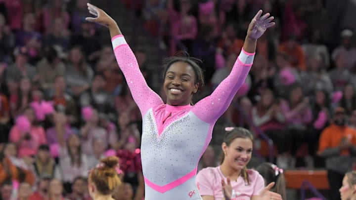 Clemson sophomore Brie Clark of Daphne, Alabama, on the beam during the gymnastics meet with University of North Carolina at Littlejohn Coliseum in Clemson Friday, February 23, 2024. Clemson sophomore Brie Clark of Daphne, Alabama, on the beam during the gymnastics meet with University of North Carolina at Littlejohn Coliseum in Clemson Friday, February 23, 2024.