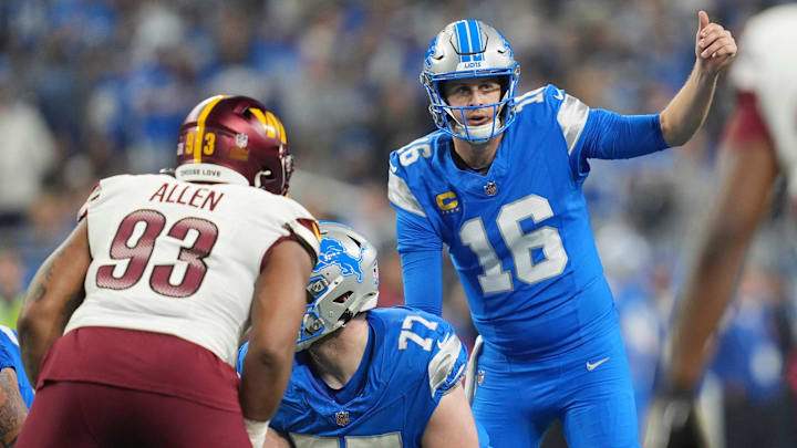 Detroit Lions quarterback Jared Goff (16) waits for the snap in the first half against the Washington Commanders in the NFC divisional round at Ford Field in Detroit on Saturday, Jan. 18, 2025. Detroit Lions quarterback Jared Goff (16) waits for the snap in the first half against the Washington Commanders in the NFC divisional round at Ford Field in Detroit on Saturday, Jan. 18, 2025.
