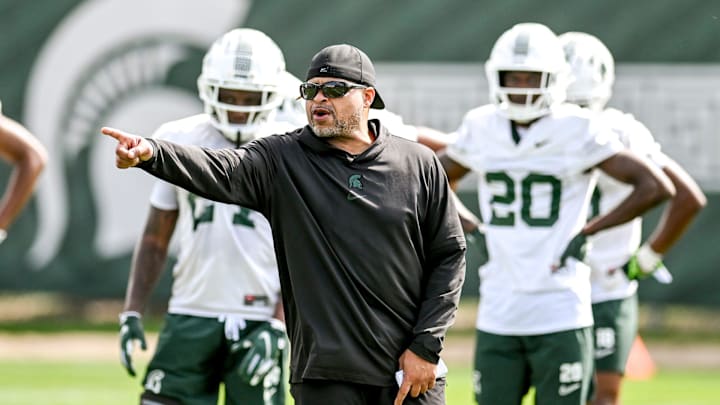Michigan State's cornerbacks coach Demetrice Martin works with players during the first day of football camp on Tuesday, July 30, 2024, in East Lansing. Michigan State's cornerbacks coach Demetrice Martin works with players during the first day of football camp on Tuesday, July 30, 2024, in East Lansing.
