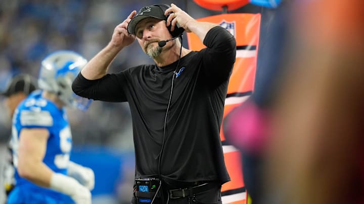 Detroit Lions head coach Dan Campbell watches from the sidelines in the first quarter against the Washington Commanders in the NFC divisional round at Ford Field in Detroit on Saturday, Jan. 18, 2025.