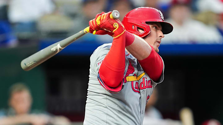 Aug 9, 2024; Kansas City, Missouri, USA; St. Louis Cardinals second baseman Nolan Gorman (16) bats during the fourth inning against the Kansas City Royals at Kauffman Stadium. Mandatory Credit: Jay Biggerstaff-Imagn Images