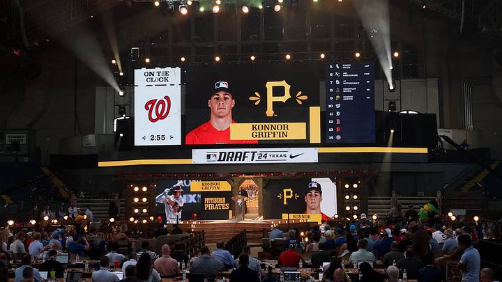 Jul 14, 2024; Ft. Worth, TX, USA; The Pittsburgh Pirates draft Konnor Griffin with the ninth pick during the first round of the MLB Draft at Cowtown Coliseum. Mandatory Credit: Kevin Jairaj-USA TODAY Sports