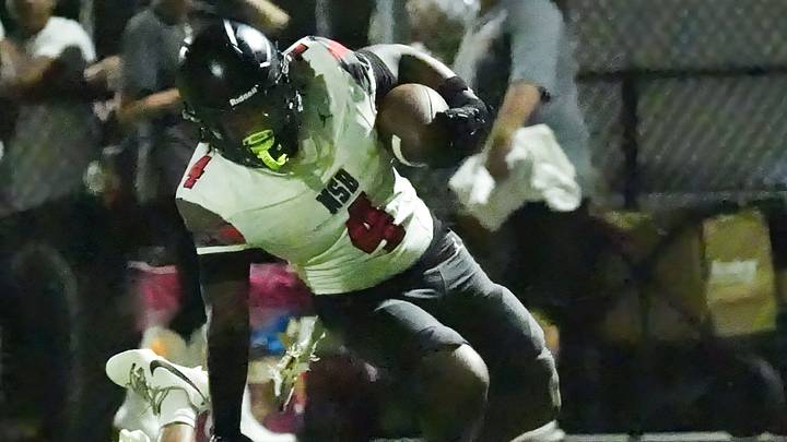 New Smyrna Beach’s Todd Cutler, Jr. (4), stays up to score a touchdown against University High (Orange City) on Sept. 17, 2026. Cutler finished with 17 carries for 288 yards and one touchdown to propel the Barracudas to a 42-3 victory. New Smyrna Beach’s Todd Cutler, Jr. (4), stays up to score a touchdown against University High (Orange City) on Sept. 17, 2026. Cutler finished with 17 carries for 288 yards and one touchdown to propel the Barracudas to a 42-3 victory.