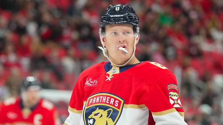 Sep 22, 2026; Raleigh, North Carolina, USA; Florida Panthers left wing Brady Tkachuk (8) looks on against the Carolina Hurricanes during the first period at Lenovo Center. Mandatory Credit: James Guillory-Imagn Images Sep 22, 2026; Raleigh, North Carolina, USA; Florida Panthers left wing Brady Tkachuk (8) looks on against the Carolina Hurricanes during the first period at Lenovo Center. Mandatory Credit: James Guillory-Imagn Images