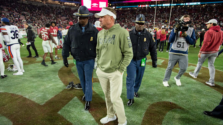 Auburn Tigers head coach Hugh Freeze walks off the field after the game as Auburn Tigers take on Alabama Crimson Tide at Bryant-Denny Stadium in Tuscaloosa, Ala., on Saturday, Nov. 30, 2024. Alabama Crimson Tide defeated Auburn Tigers 28-14. Auburn Tigers head coach Hugh Freeze walks off the field after the game as Auburn Tigers take on Alabama Crimson Tide at Bryant-Denny Stadium in Tuscaloosa, Ala., on Saturday, Nov. 30, 2024. Alabama Crimson Tide defeated Auburn Tigers 28-14.