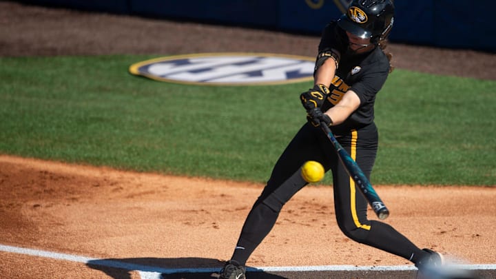 Missouri Tigers infielder Jenna Laird (3) swings at the ball as Florida Gators and Missouri Tigers face of in the SEC softball tournament championship game at Jane B. Moore Field in Auburn, Ala., on Saturday, May 11, 2024.