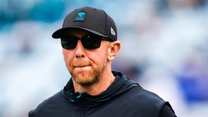 Jacksonville Jaguars head coach Liam Coen runs off the field before an NFL football AFC Wild Card playoff matchup, Sunday, Jan. 11, 2026, in Jacksonville, Fla. Bills lead 10-7 at the half over the Jaguars. 