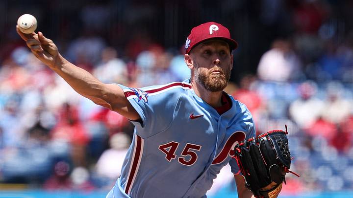 Jun 4, 2026; Philadelphia, Pennsylvania, USA; Philadelphia Phillies pitcher Zack Wheeler (45) throws a pitch during the sixth inning against the San Diego Padres at Citizens Bank Park. Mandatory Credit: Bill Streicher-Imagn Images