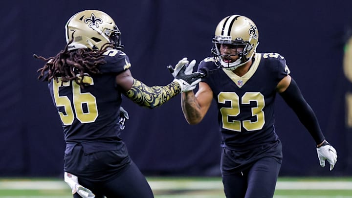 Oct 9, 2022; New Orleans, Louisiana, USA; New Orleans Saints linebacker Demario Davis (56) and