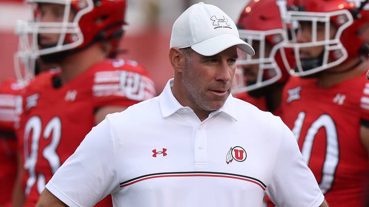 Utah Utes coach Morgan Scalley watches the team warm up before a game against the Cal Poly Mustangs at Rice-Eccles Stadium. Utah Utes coach Morgan Scalley watches the team warm up before a game against the Cal Poly Mustangs at Rice-Eccles Stadium.