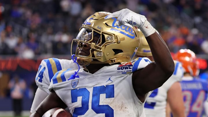 Dec 16, 2023; Inglewood, CA, USA; UCLA Bruins running back TJ Harden (25) reacts after scoring a touchdown against Boise State Broncos during the third quarter of the LA Bowl at SoFi Stadium. Mandatory Credit: Kiyoshi Mio-Imagn Images Dec 16, 2023; Inglewood, CA, USA; UCLA Bruins running back TJ Harden (25) reacts after scoring a touchdown against Boise State Broncos during the third quarter of the LA Bowl at SoFi Stadium. Mandatory Credit: Kiyoshi Mio-Imagn Images