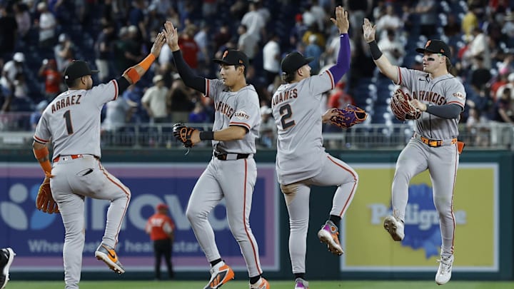 Apr 17, 2026; Washington, District of Columbia, USA; San Francisco Giants players celebrate after their game against the Washington Nationals at Nationals Park. Mandatory Credit: Geoff Burke-Imagn Images