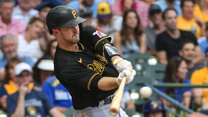 Aug 5, 2023; Milwaukee, Wisconsin, USA; Pittsburgh Pirates catcher Jason Delay (55) hits a two RBI