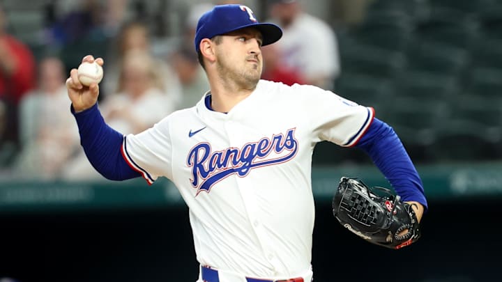 May 28, 2025; Arlington, Texas, USA; Texas Rangers starting pitcher Tyler Mahle (51) throws during the first inning against the Toronto Blue Jays at Globe Life Field.