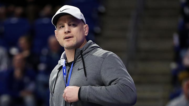 Penn State Nittany Lions wrestling coach Cael Sanderson looks on during the U.S. Olympic Wrestling Team Trials at Bryce Jordan Center. Penn State Nittany Lions wrestling coach Cael Sanderson looks on during the U.S. Olympic Wrestling Team Trials at Bryce Jordan Center.