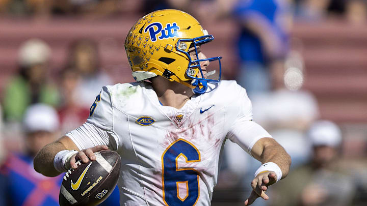 Pittsburgh Panthers quarterback Mason Heintschel (6) passes against the Stanford Cardinal during the second quarter at Stanford Stadium. Credit: John Hefti-Imagn Images Pittsburgh Panthers quarterback Mason Heintschel (6) passes against the Stanford Cardinal during the second quarter at Stanford Stadium. Credit: John Hefti-Imagn Images