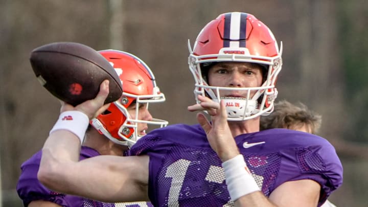 Clemson quarterback Christopher Vizzina (17) throws during Spring football practice at the Reeves Football Complex in Clemson, SC Wednesday, March 4, 2026.