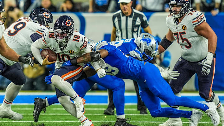 Caleb Williams is sacked by Za'Darius Smith in the closing moments of the Bears' 23-20 loss to the Detroit Lions.
