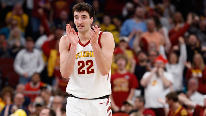 Mar 27, 2026; Chicago, IL, USA; Iowa State Cyclones forward Milan Momcilovic (22) reacts in the first half against the Tennessee Volunteers during a Sweet Sixteen game of the Midwest Regional of the men's 2026 NCAA Tournament at United Center. Mandatory Credit: Kamil Krzaczynski-Imagn Images