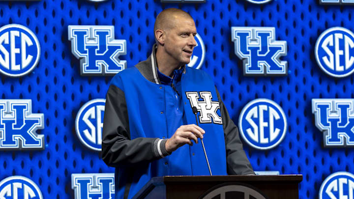Oct 15, 2024; Birmingham, AL, USA; Kentucky Wildcats head coach Mark Pope talks with the media during SEC Media Days at Grand Bohemian Hotel. Mandatory Credit: Vasha Hunt-Imagn Images
