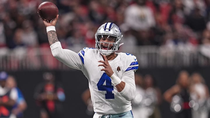 Dallas Cowboys quarterback Dak Prescott passes against the Atlanta Falcons during the first quarter at Mercedes-Benz Stadium. 