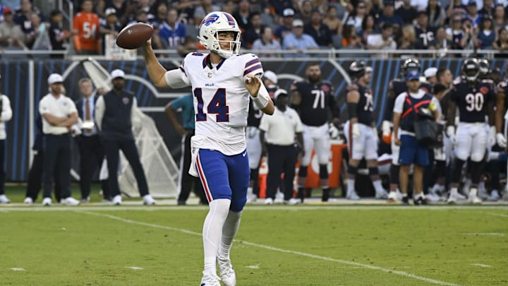 Aug 17, 2025; Chicago, Illinois, USA; Buffalo Bills quarterback Mike White (14) throws during the first half against the Chicago Bears at Soldier Field. Aug 17, 2025; Chicago, Illinois, USA; Buffalo Bills quarterback Mike White (14) throws during the first half against the Chicago Bears at Soldier Field.