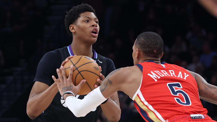 Feb 26, 2026; Salt Lake City, Utah, USA; Utah Jazz guard Ace Bailey (19) looks to shoot while New Orleans Pelicans guard Dejounte Murray (5) defends during the second half at Delta Center. Mandatory Credit: Rob Gray-Imagn Images Feb 26, 2026; Salt Lake City, Utah, USA; Utah Jazz guard Ace Bailey (19) looks to shoot while New Orleans Pelicans guard Dejounte Murray (5) defends during the second half at Delta Center. Mandatory Credit: Rob Gray-Imagn Images