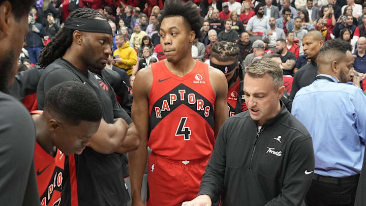 Oct 25, 2023; Toronto, Ontario, CAN; Toronto Raptors head coach Darko Rajakovic talks to forward