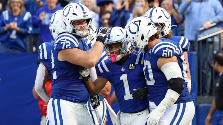 Oct 12, 2025; Indianapolis, Indiana, USA; Indianapolis Colts wide receiver Josh Downs (1) celebrates after scoring a touchdown against the Arizona Cardinals during the fourth quarter of the game at Lucas Oil Stadium. Oct 12, 2025; Indianapolis, Indiana, USA; Indianapolis Colts wide receiver Josh Downs (1) celebrates after scoring a touchdown against the Arizona Cardinals during the fourth quarter of the game at Lucas Oil Stadium.