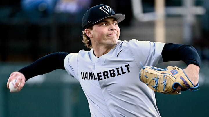 Vanderbilt pitcher Austin Nye (40) throws to a Tennessee Tech batter in the first inning of an NCAA college baseball game at Hawkins Field Tuesday, Feb. 25, 2025, in Nashville, Tenn. Vanderbilt pitcher Austin Nye (40) throws to a Tennessee Tech batter in the first inning of an NCAA college baseball game at Hawkins Field Tuesday, Feb. 25, 2025, in Nashville, Tenn.