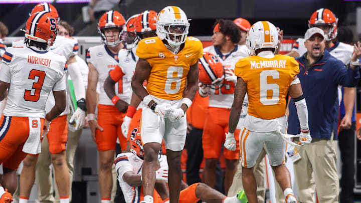 Aug 30, 2025; Atlanta, Georgia, USA; Tennessee Volunteers defensive back Colton Hood (8) reacts after a pass break up against the Syracuse Orange in the fourth quarter at Mercedes-Benz Stadium. Mandatory Credit: Brett Davis-Imagn Images
