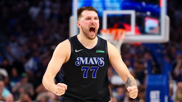 May 18, 2024; Dallas, Texas, USA; Dallas Mavericks guard Luka Doncic (77) reacts against the Oklahoma City Thunder during the second half in game six of the second round of the 2024 NBA playoffs at American Airlines Center. Mandatory Credit: Kevin Jairaj-USA TODAY Sports May 18, 2024; Dallas, Texas, USA; Dallas Mavericks guard Luka Doncic (77) reacts against the Oklahoma City Thunder during the second half in game six of the second round of the 2024 NBA playoffs at American Airlines Center. Mandatory Credit: Kevin Jairaj-USA TODAY Sports