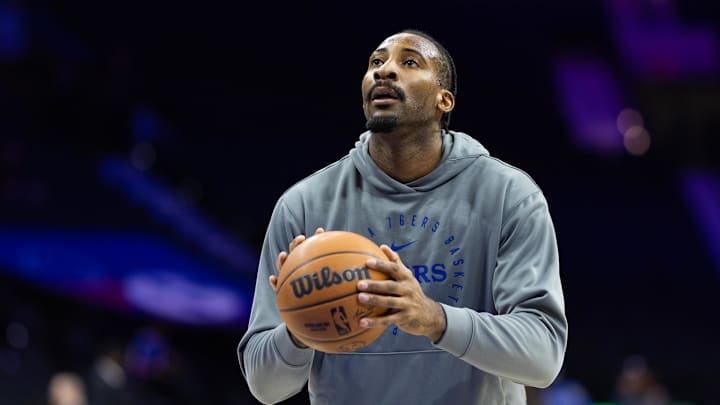 Oct 30, 2024; Philadelphia, Pennsylvania, USA; Philadelphia 76ers center Andre Drummond before action against the Detroit Pistons at Wells Fargo Center. Mandatory Credit: Bill Streicher-Imagn Images
