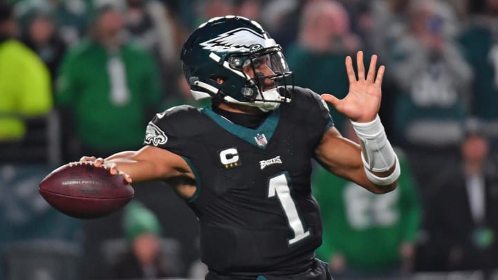Dec 25, 2023; Philadelphia, Pennsylvania, USA; Philadelphia Eagles quarterback Jalen Hurts (1) throws a pass against the New York Giants during the first quarter at Lincoln Financial Field. Mandatory Credit: Eric Hartline-USA TODAY Sports Dec 25, 2023; Philadelphia, Pennsylvania, USA; Philadelphia Eagles quarterback Jalen Hurts (1) throws a pass against the New York Giants during the first quarter at Lincoln Financial Field. Mandatory Credit: Eric Hartline-USA TODAY Sports